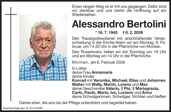 Traueranzeige von Alessandro Bertolini von Dolomiten