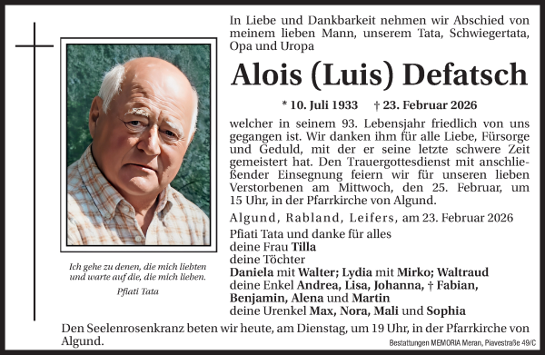 Traueranzeige von Alois Defatsch von Dolomiten