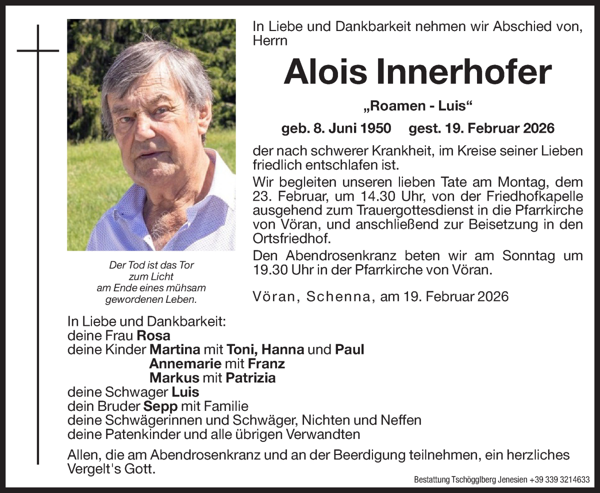  Traueranzeige für Alois Innerhofer vom 21.02.2026 aus Dolomiten