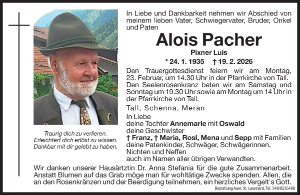 Traueranzeige von Alois Pacher von Dolomiten