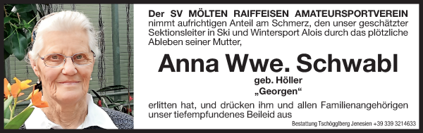 Traueranzeige von Anna Schwabl von Dolomiten