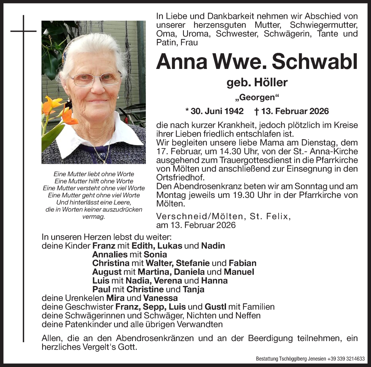  Traueranzeige für Anna Schwabl vom 14.02.2026 aus Dolomiten