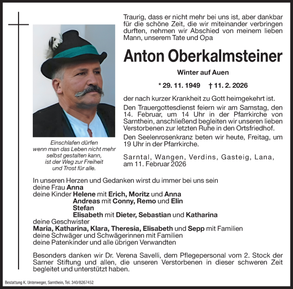 Traueranzeige von Anton Oberkalmsteiner von Dolomiten