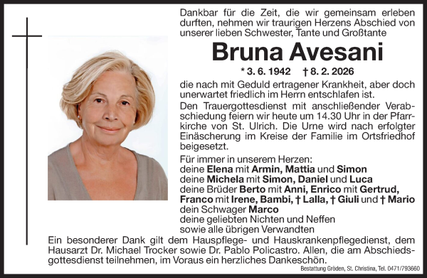Traueranzeige von Bruna Avesani von Dolomiten