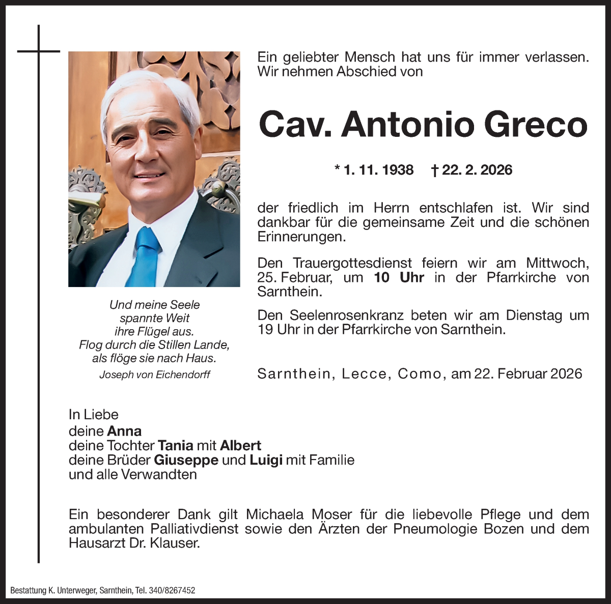  Traueranzeige für Cav. Antonio Greco vom 24.02.2026 aus Dolomiten