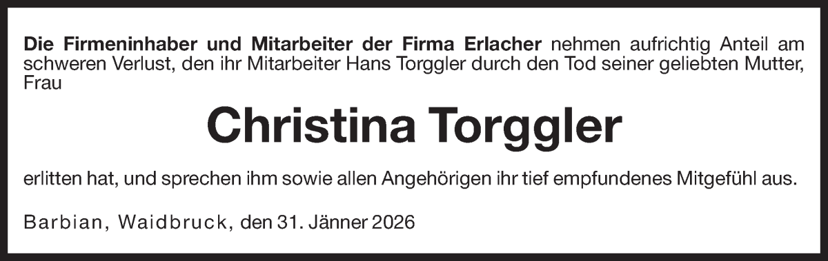  Traueranzeige für Christina Torggler vom 03.02.2026 aus Dolomiten
