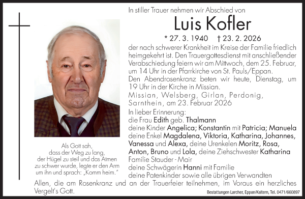 Traueranzeige von Luis Kofler von Dolomiten