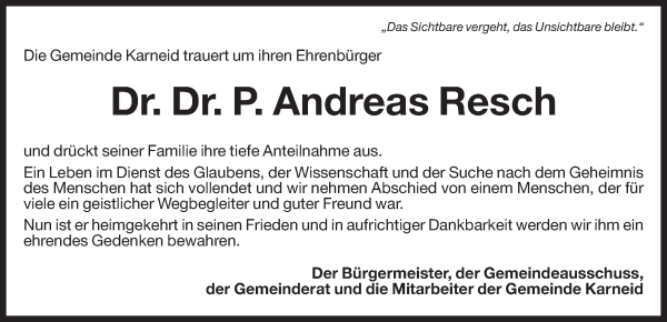 Traueranzeige von Dr. Dr. P. Andreas Resch von Dolomiten