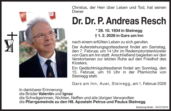Traueranzeige von Dr. Dr. P. Andreas Resch von Dolomiten