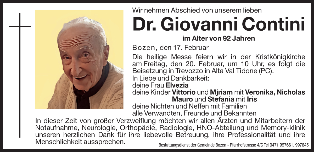  Traueranzeige für Dr. Giovanni Contini vom 19.02.2026 aus Dolomiten