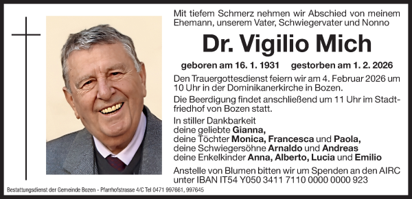 Traueranzeige von Dr. Vigilio Mich von Dolomiten