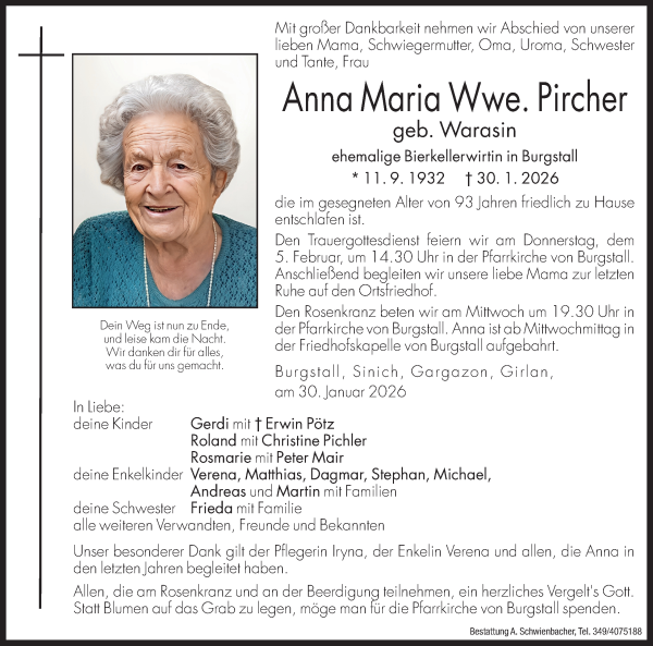 Traueranzeige von Anna Maria Pircher von Dolomiten