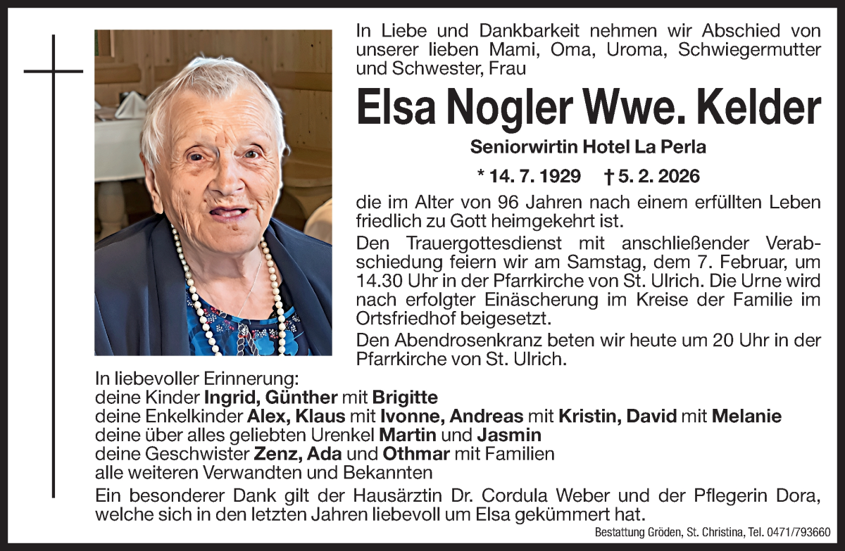  Traueranzeige für Elsa Kelder vom 06.02.2026 aus Dolomiten