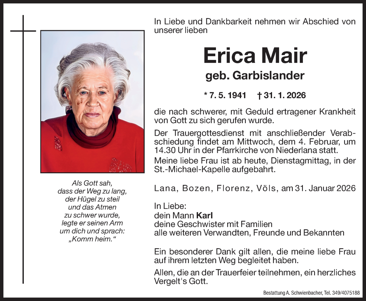  Traueranzeige für Erica Mair vom 03.02.2026 aus Dolomiten