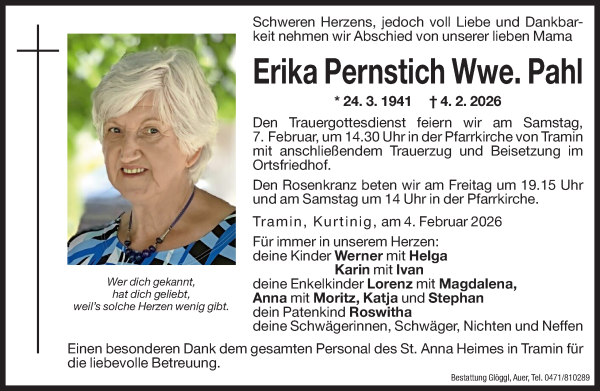 Traueranzeige von Erika Pahl von Dolomiten