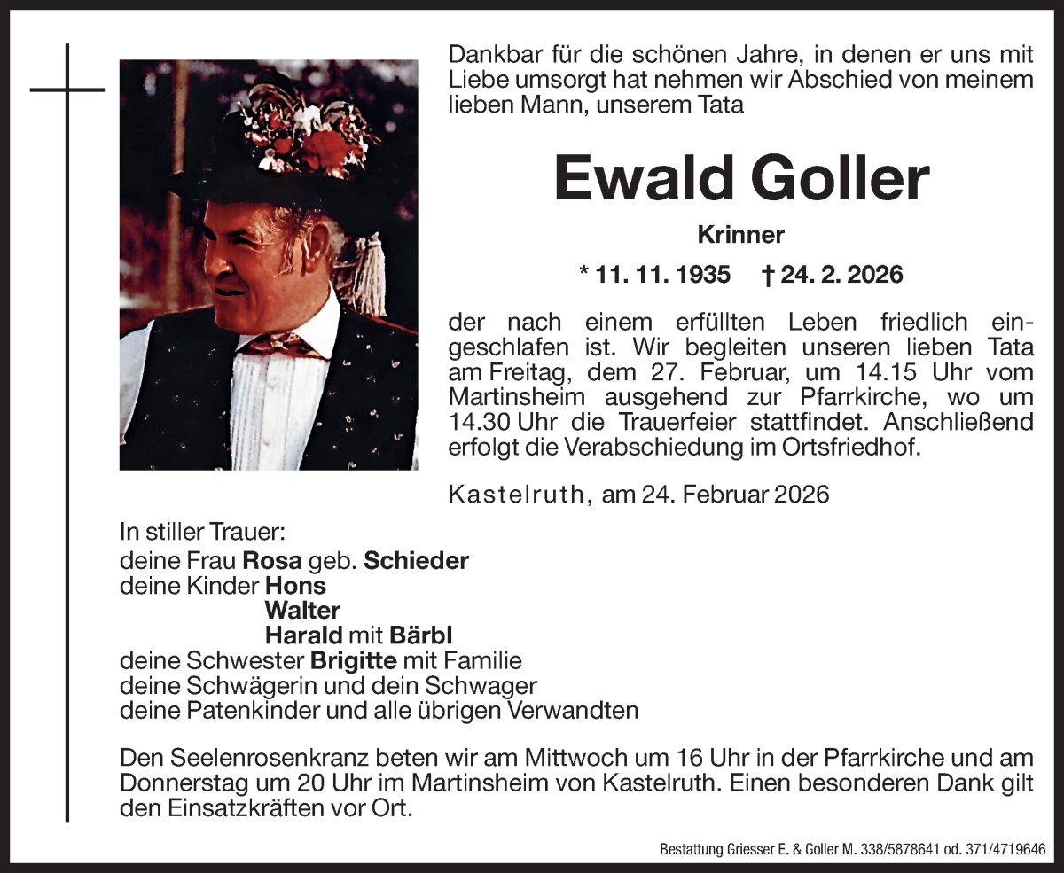 Traueranzeige für Ewald Goller vom 25.02.2026 aus Dolomiten