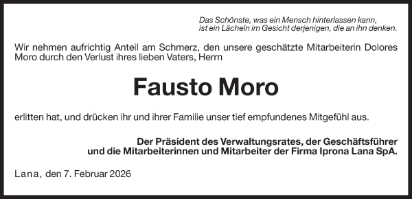 Traueranzeige von Fausto Moro von Dolomiten
