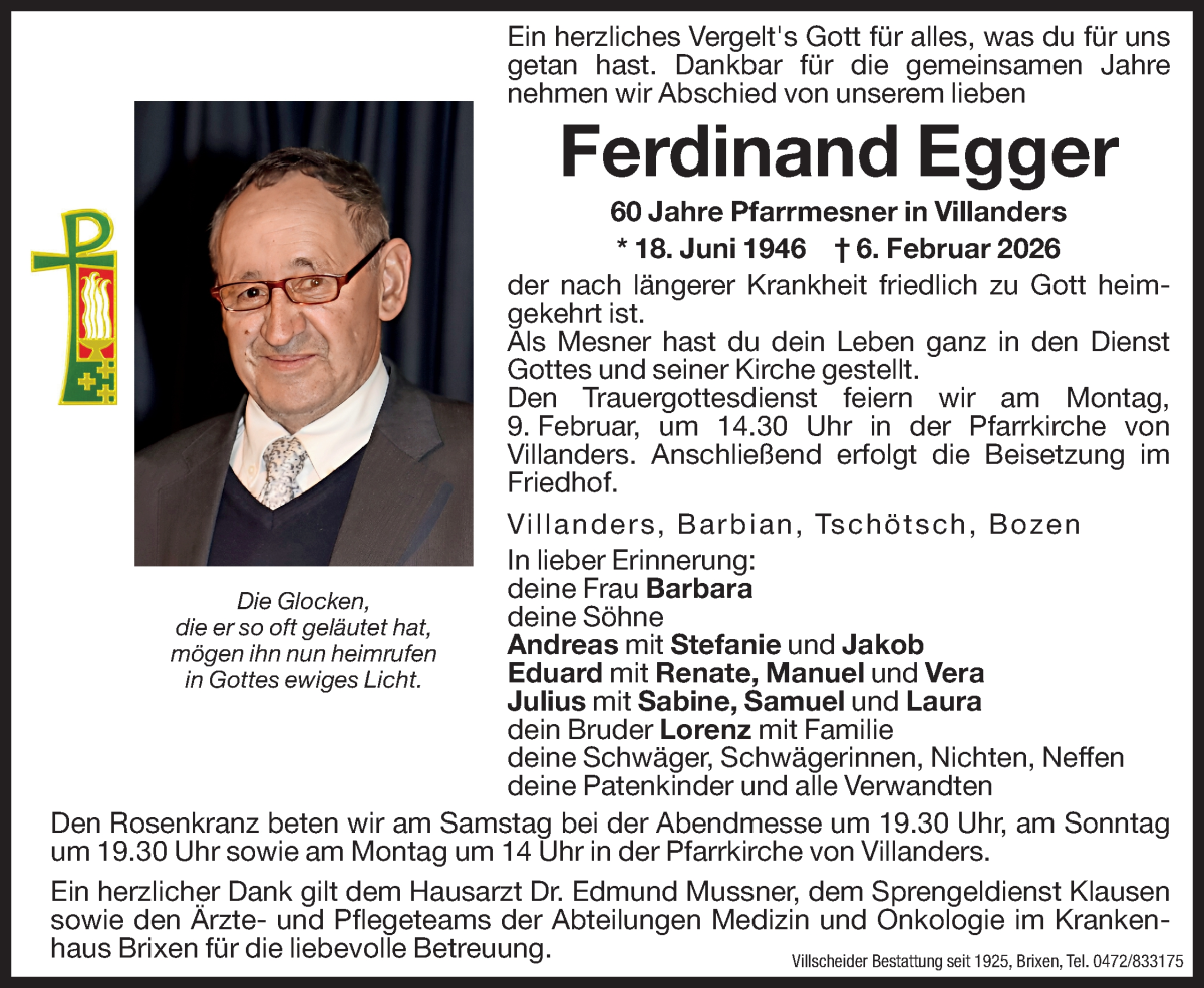  Traueranzeige für Ferdinand Egger vom 07.02.2026 aus Dolomiten