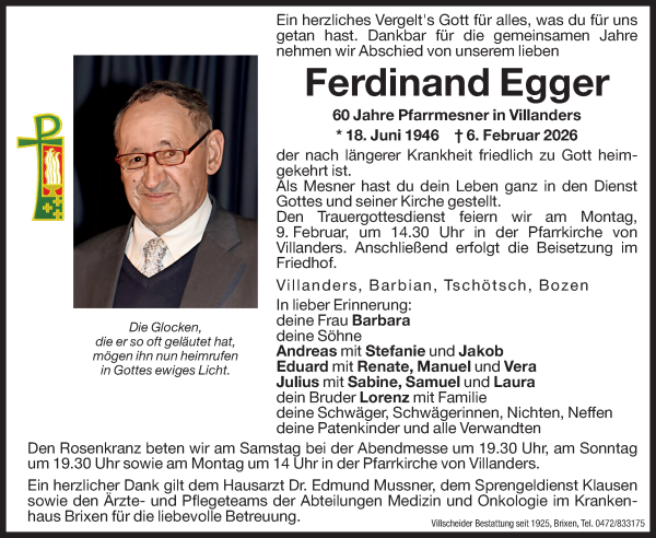 Traueranzeige von Ferdinand Egger von Dolomiten