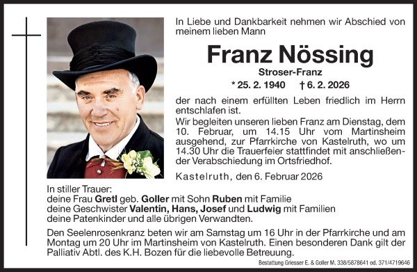 Traueranzeige von Franz Nössing von Dolomiten