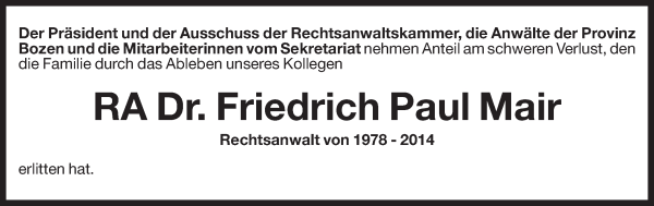 Traueranzeige von Friedrich P. Mair von Dolomiten