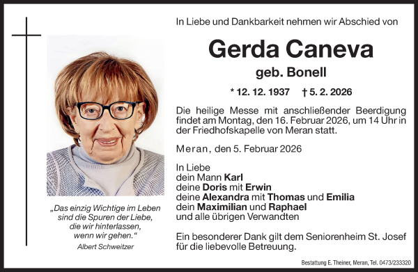 Traueranzeige von Gerda Caneva von Dolomiten