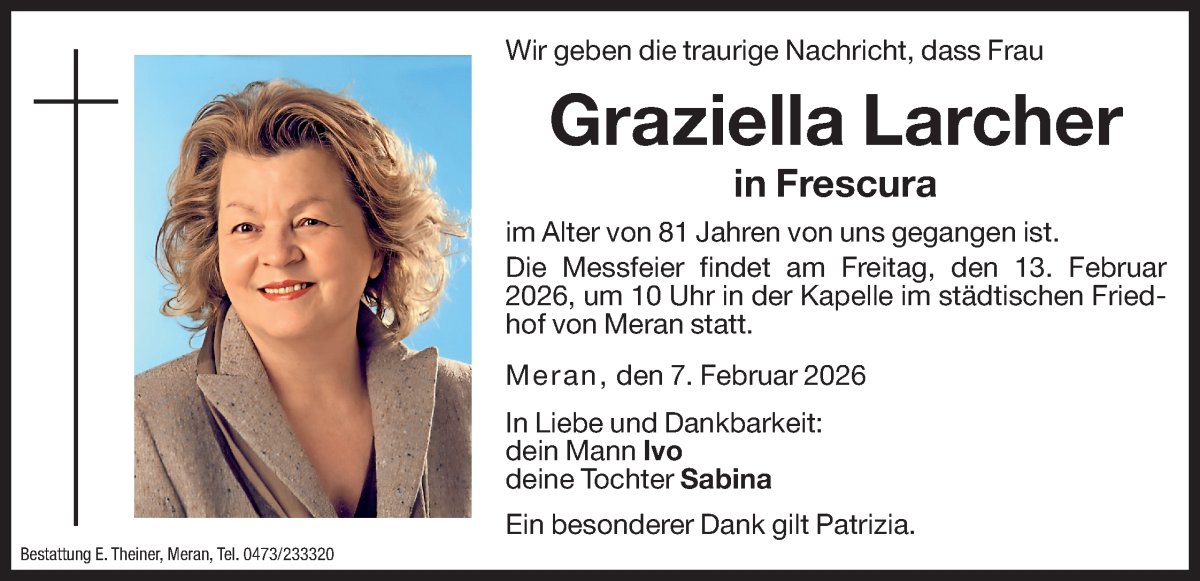  Traueranzeige für Graziella Frescura vom 11.02.2026 aus Dolomiten