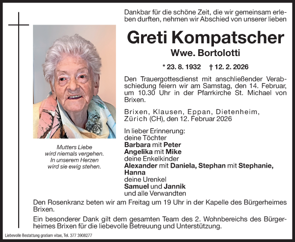 Traueranzeige von Greti Bortolotti von Dolomiten