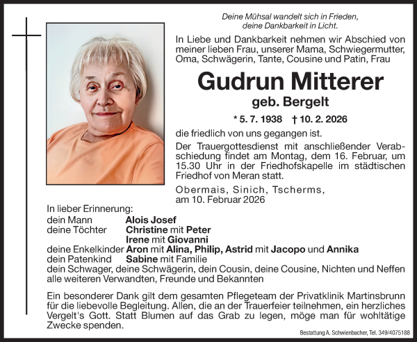 Traueranzeige von Gudrun Mitterer von Dolomiten