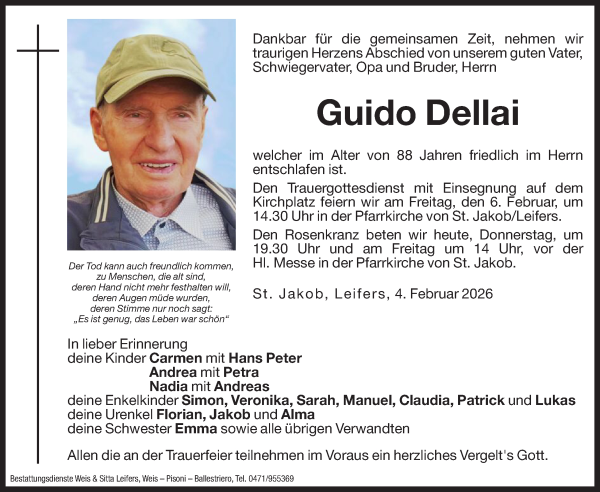Traueranzeige von Guido Dellai von Dolomiten