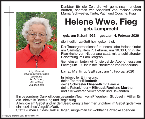 Traueranzeige von Helene Fieg von Dolomiten