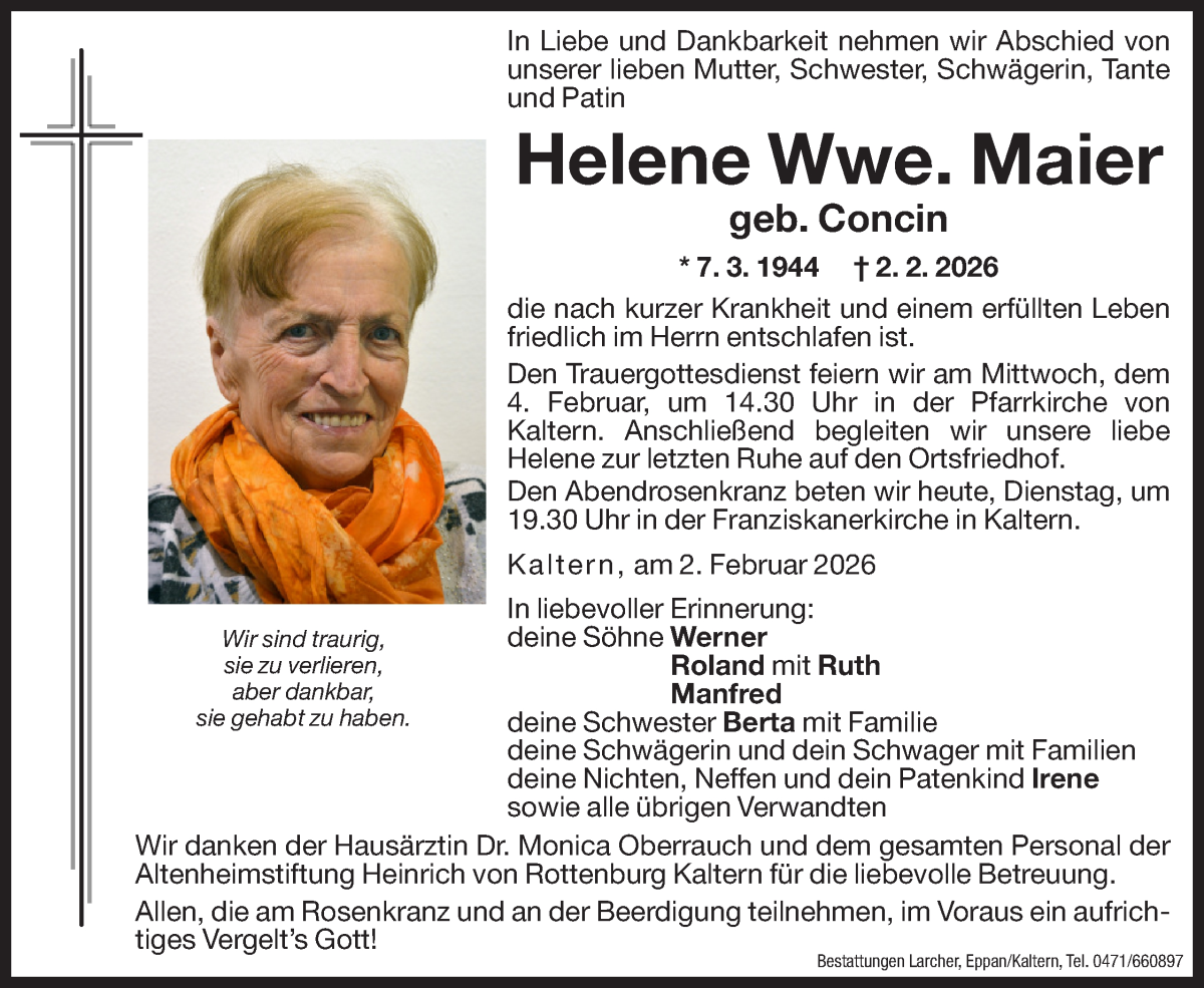  Traueranzeige für Helene Maier vom 03.02.2026 aus Dolomiten