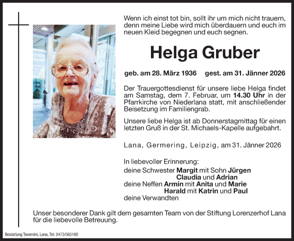 Traueranzeige von Helga Gruber von Dolomiten
