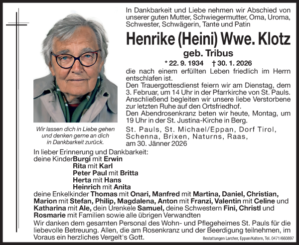 Traueranzeige von Henrike (Heini) Klotz von Dolomiten
