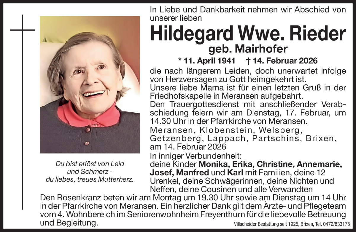  Traueranzeige für Hildegard Rieder vom 16.02.2026 aus Dolomiten