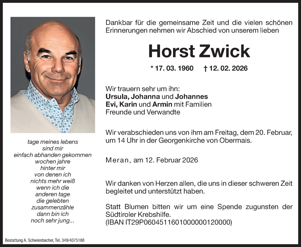  Traueranzeige für Horst Zwick vom 18.02.2026 aus Dolomiten