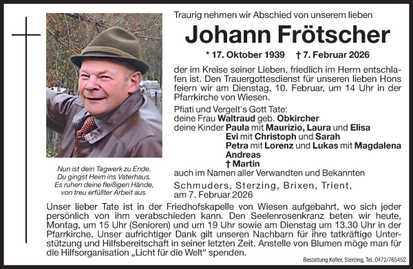 Traueranzeige von Johann Frötscher von Dolomiten