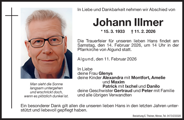 Traueranzeige von Johann Illmer von Dolomiten