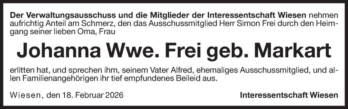  Traueranzeige für Johanna Frei vom 18.02.2026 aus Dolomiten
