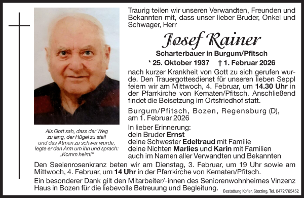 Traueranzeige von Josef Rainer von Dolomiten