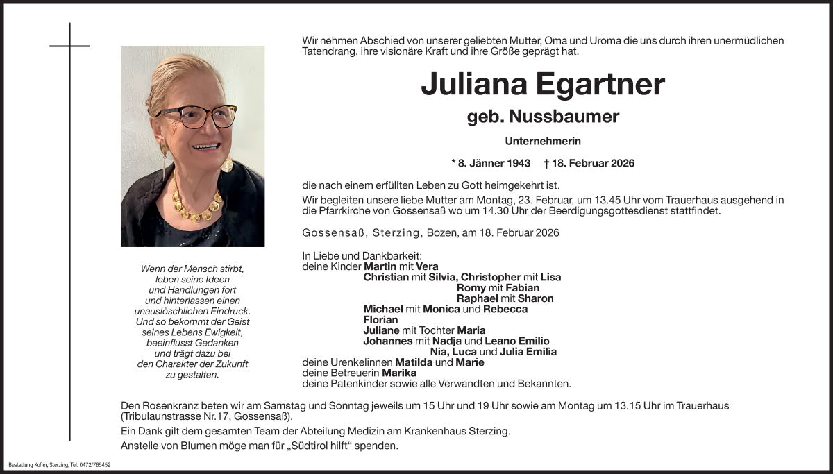  Traueranzeige für Juliana Egartner vom 20.02.2026 aus Dolomiten