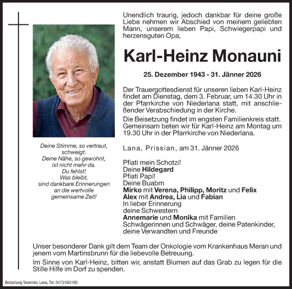 Traueranzeige von Karl-Heinz Monauni von Dolomiten