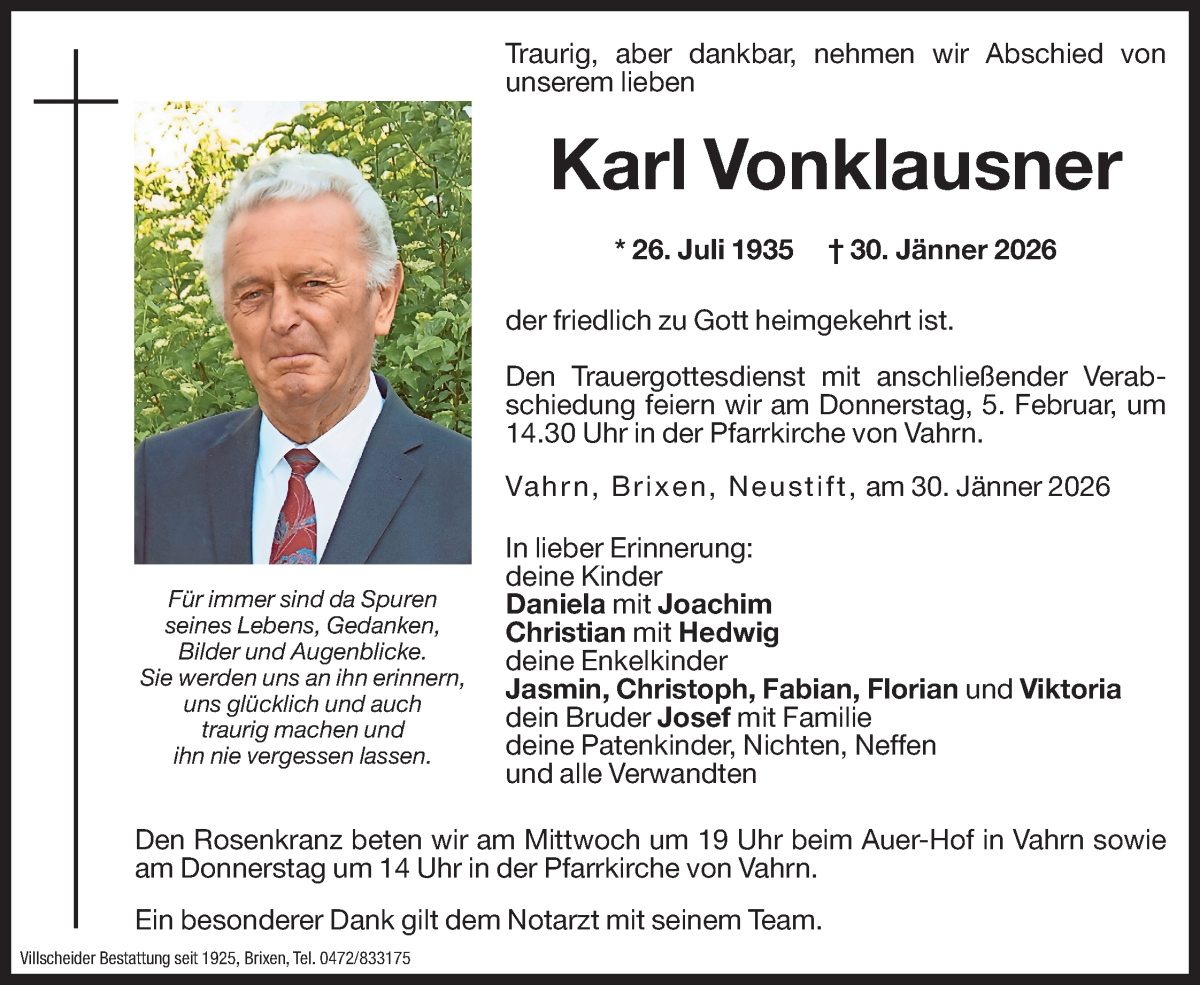  Traueranzeige für Karl Vonklausner vom 03.02.2026 aus Dolomiten