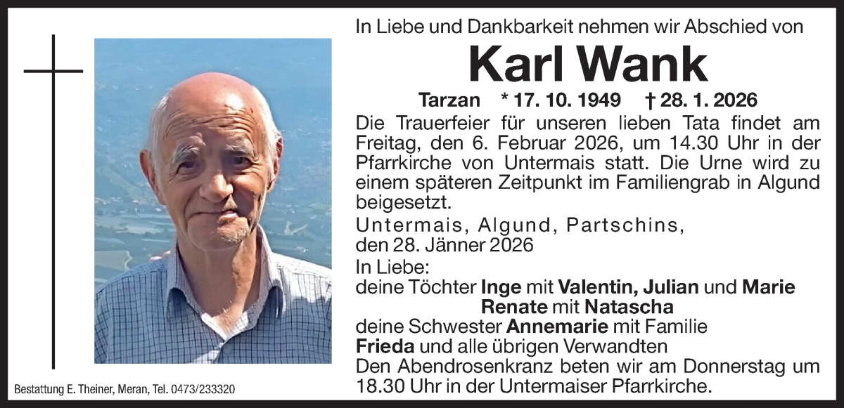 Traueranzeige für Karl Wank vom 03.02.2026 aus Dolomiten