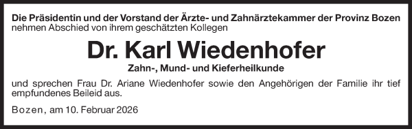 Traueranzeige von Karl Wiedenhofer von Dolomiten