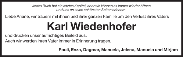 Traueranzeige von Karl Wiedenhofer von Dolomiten