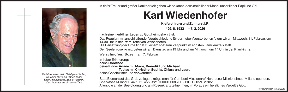  Traueranzeige für Karl Wiedenhofer vom 09.02.2026 aus Dolomiten
