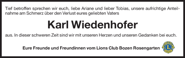 Traueranzeige von Karl Wiedenhofer von Dolomiten