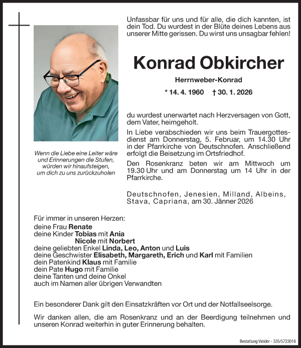Traueranzeige von Konrad Obkircher von Dolomiten