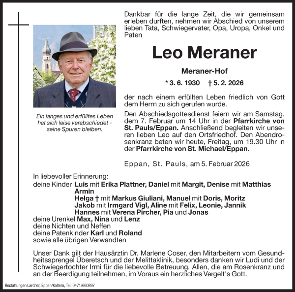 Traueranzeige von Leo Meraner von Dolomiten